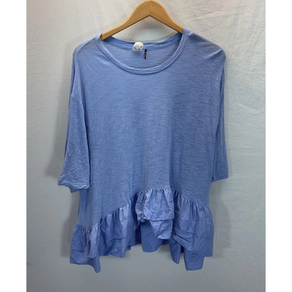 Akemi and Kin Blue Peplum Cascading Ruffle Layered Top SM short sleeve cotton